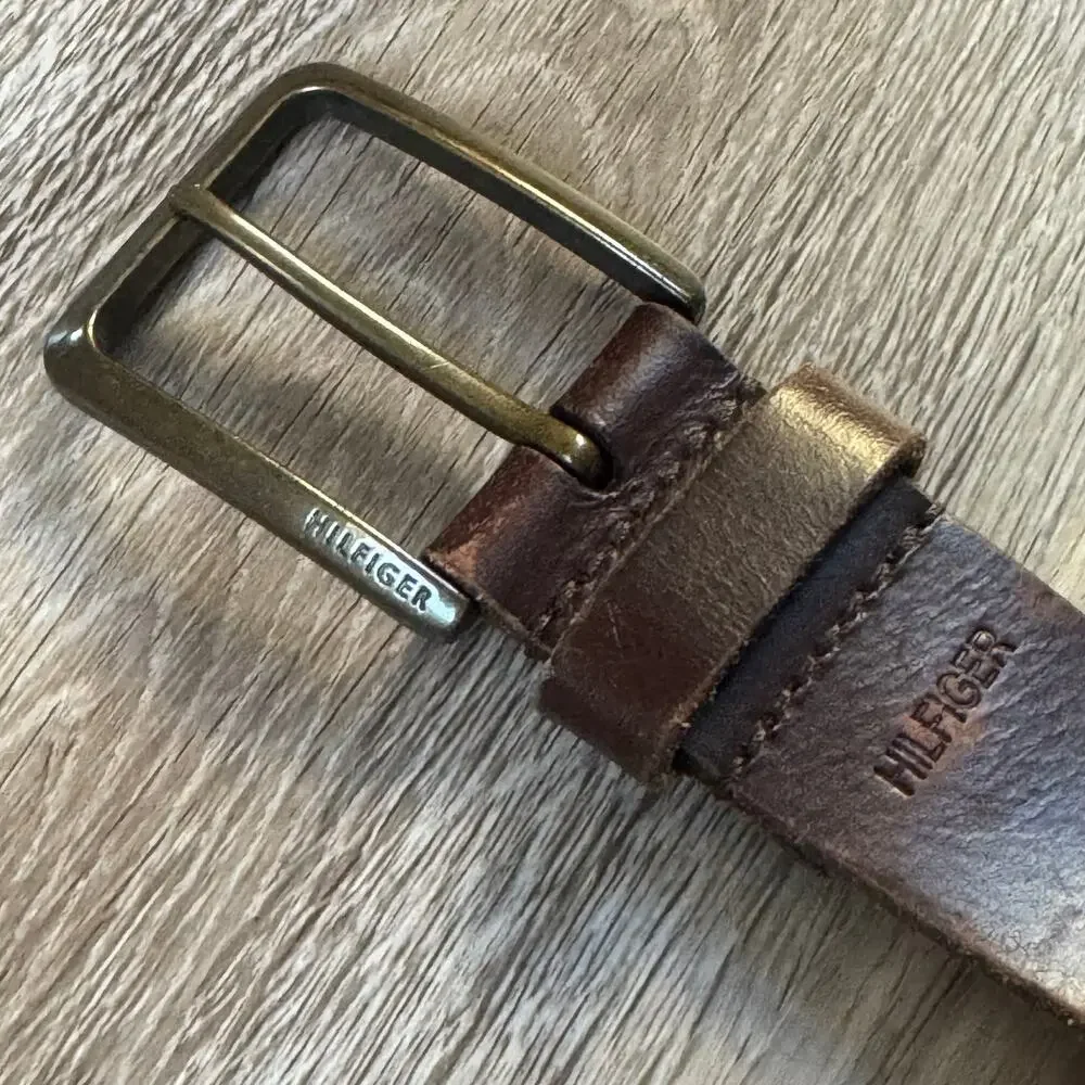Tommy Hilfiger Brown Leather Belt Genuine Classic Buckle Vintage Y2K Large